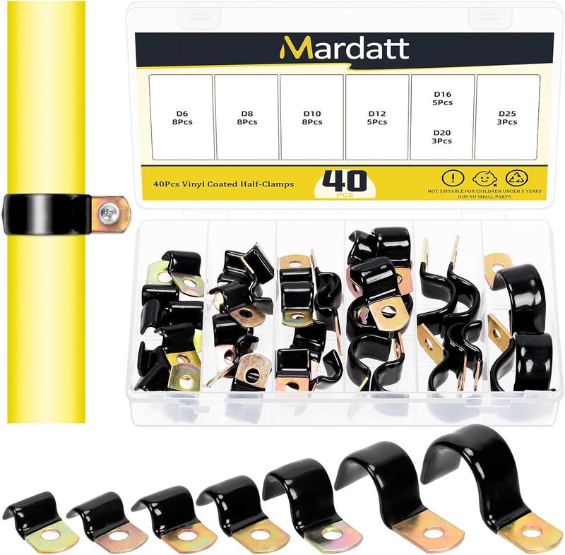 Mardatt 40Pcs 7 Sizes 6mm-25mm Vinyl Coated Cable Half-Clamps Kit, Galvanized Steel Rubber Coated Cushioned Insulated Cable Clamp, Metal Clamp Pipe Clamps P Clips for Pipe Tube Line - Image 1